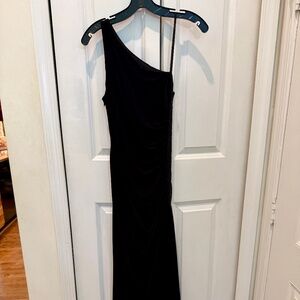 Asymmetrical Black Laundry Gown with beaded side and side-slit